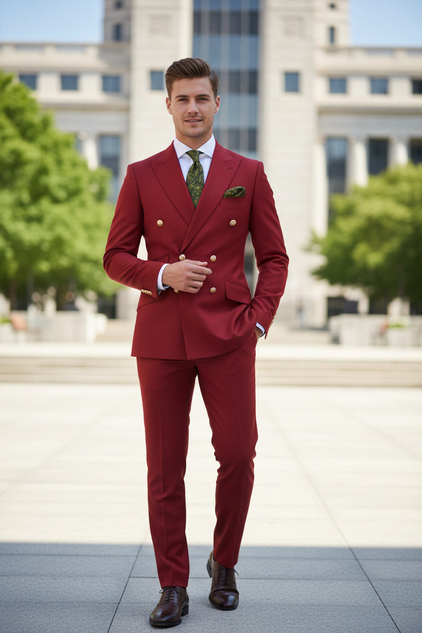 Red suit jacket and pants on a mannequin with a green tie and pocket square against a white background