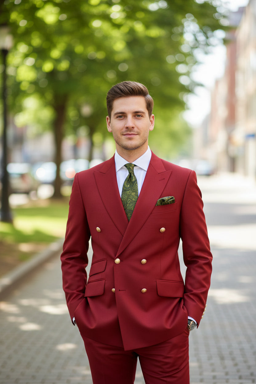 Red suit jacket and pants on a mannequin with a green tie and pocket square against a white background