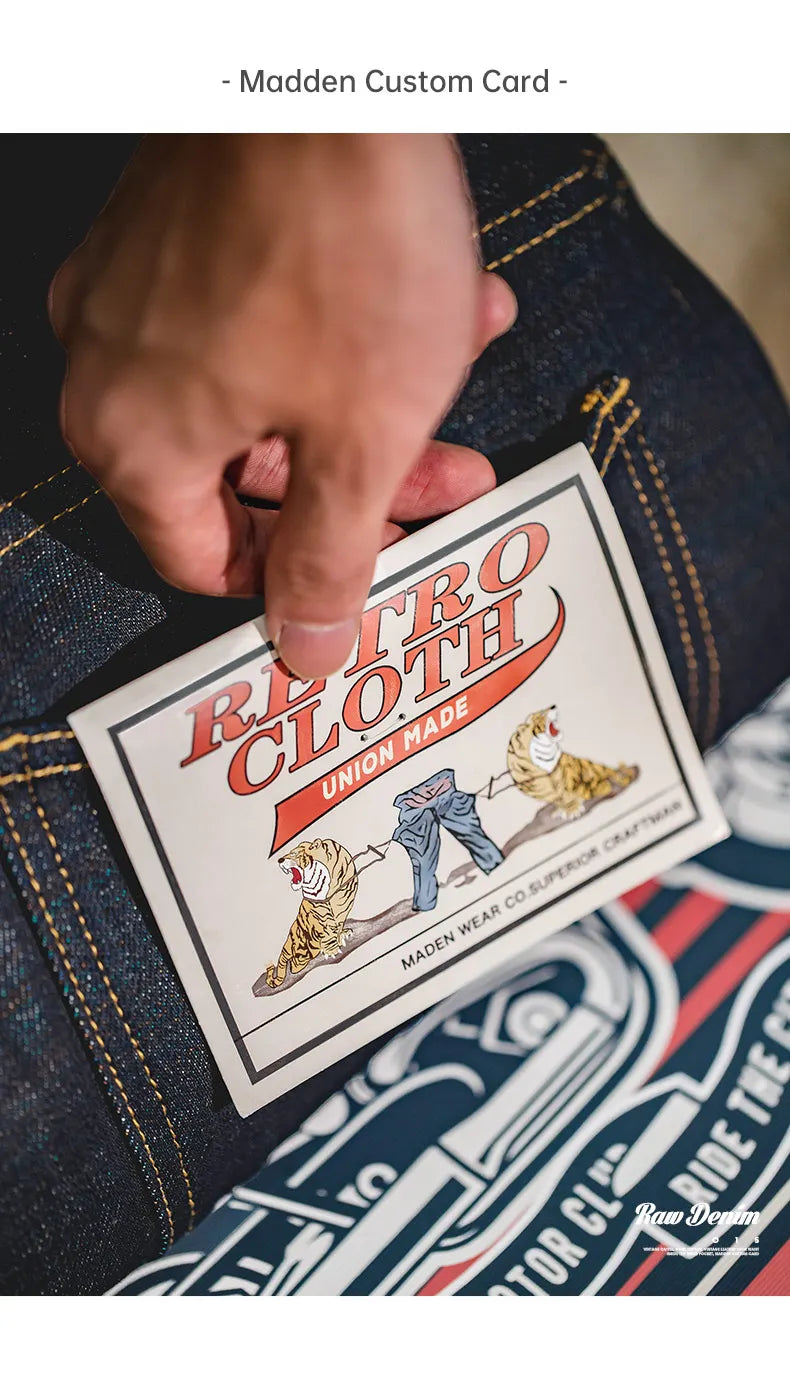 Hand holding a card labeled 'Retro Cloth' against denim fabric.