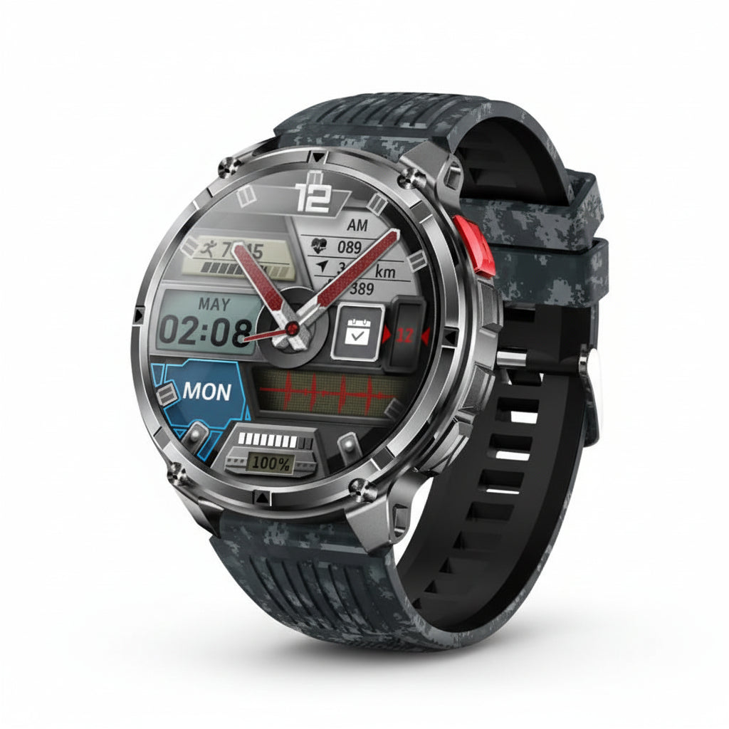 Smartwatch with features listed on a gray background