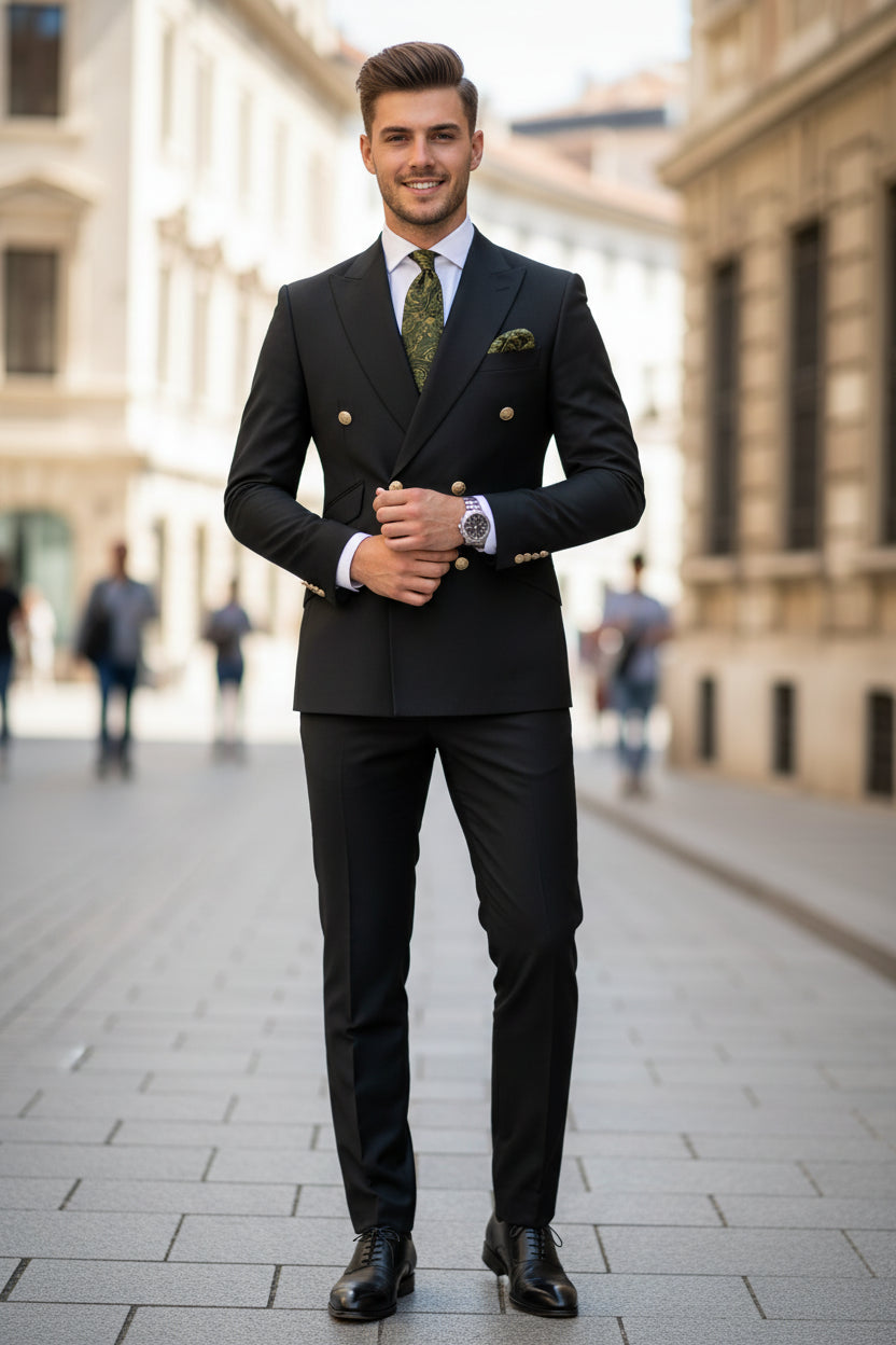 Black suit jacket with gold buttons and matching pants on a white background