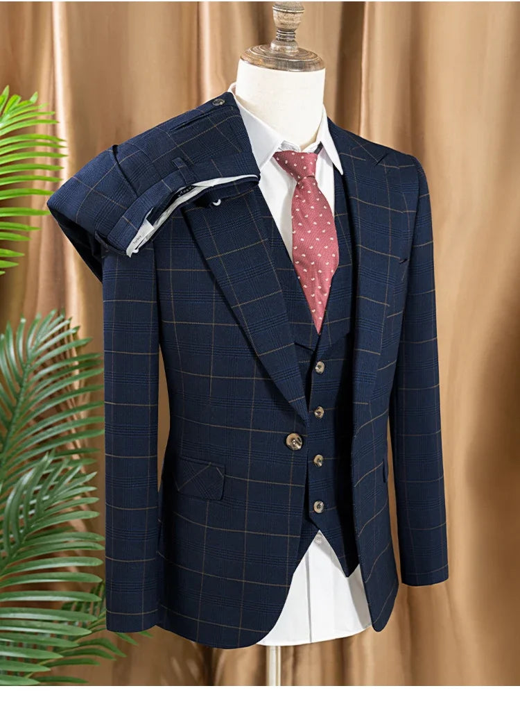 Elevate Your Style with the Dark Blue Checkered 3-Piece Suit Set