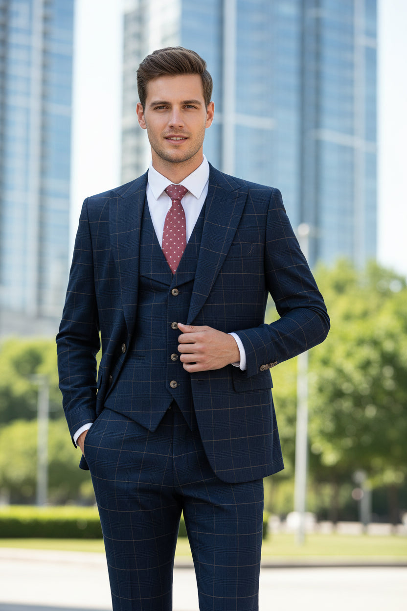 Navy checkered suit on a mannequin against a beige curtain background