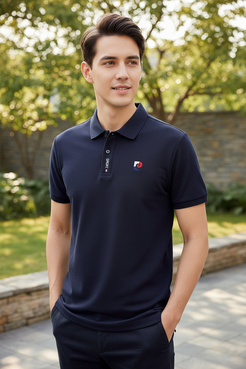 Navy blue polo shirt with brand logo on a hanger