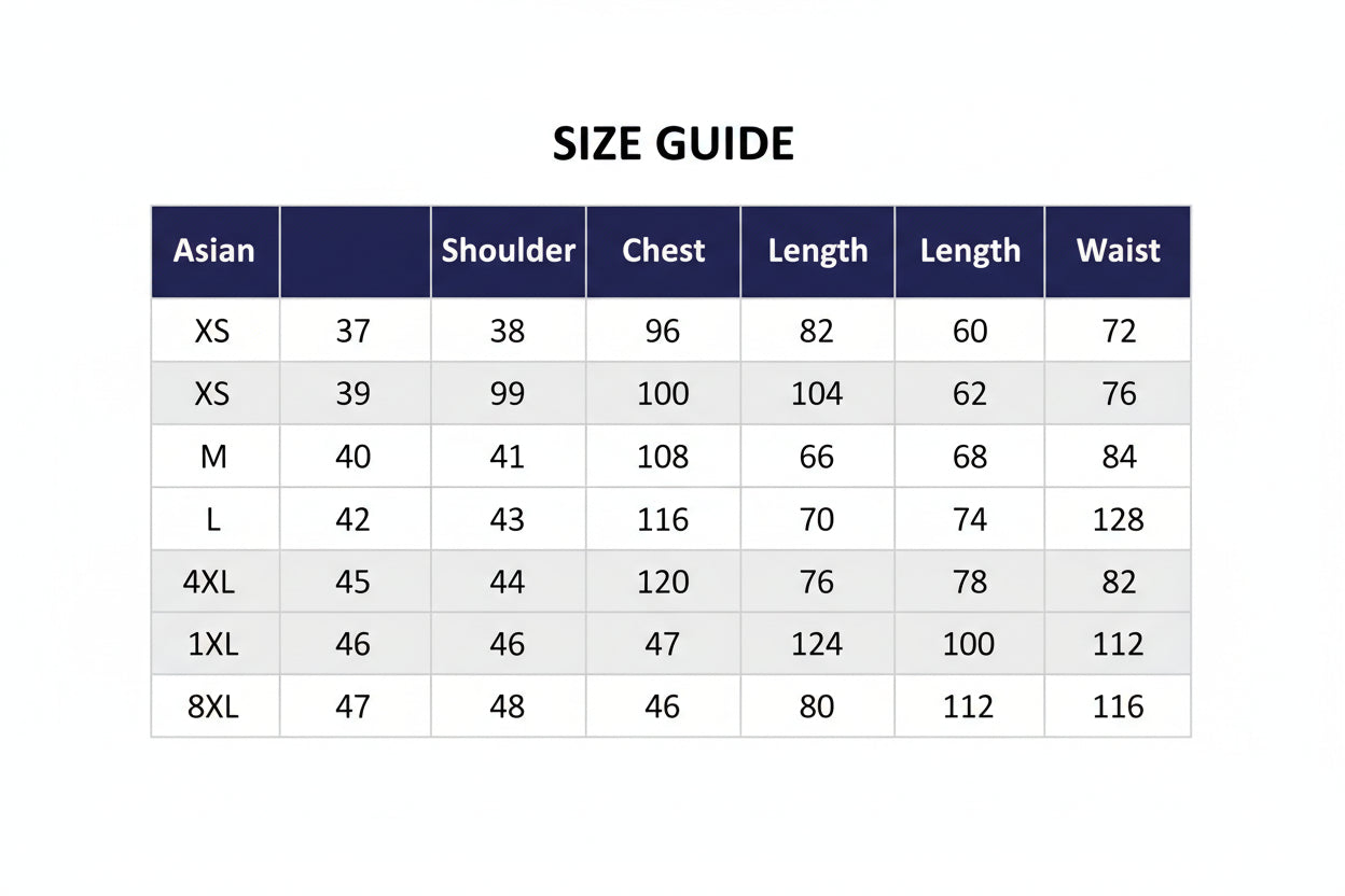 Size chart for clothing with measurements in centimeters