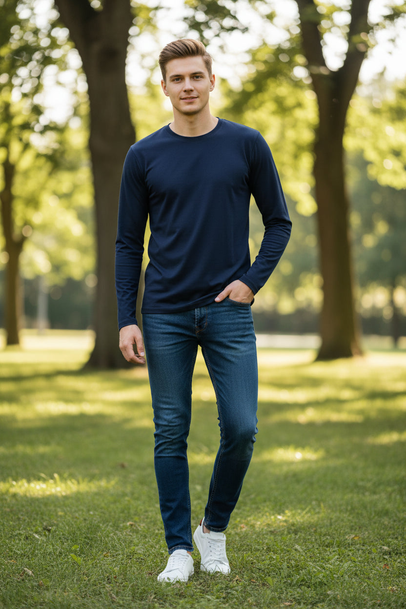 Navy blue long-sleeve shirt on a white background