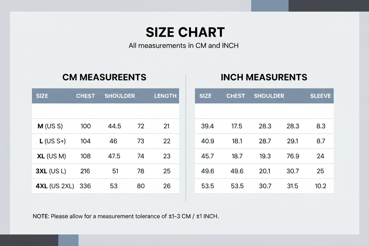 Size chart comparing US and CN sizes with measurements in centimeters and inches.