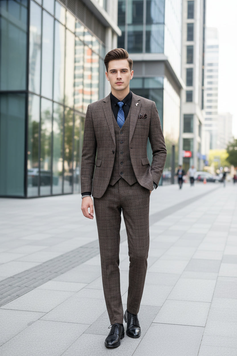 Person wearing a brown checkered suit in a kitchen setting