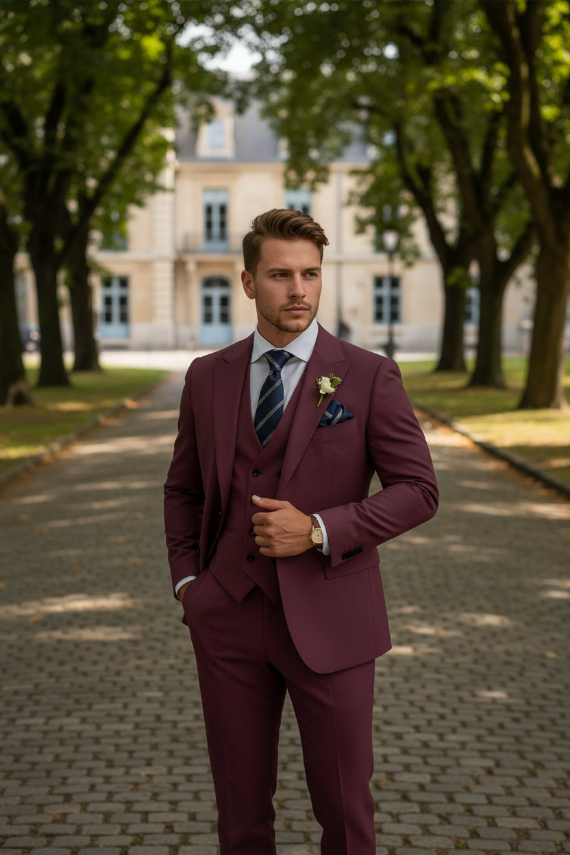 Maroon suit with a striped tie and boutonniere on a white background