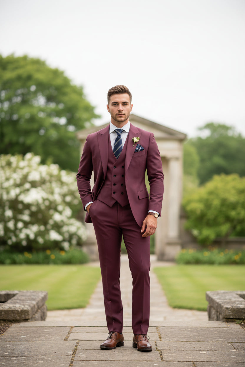 Maroon suit with a striped tie and boutonniere on a white background