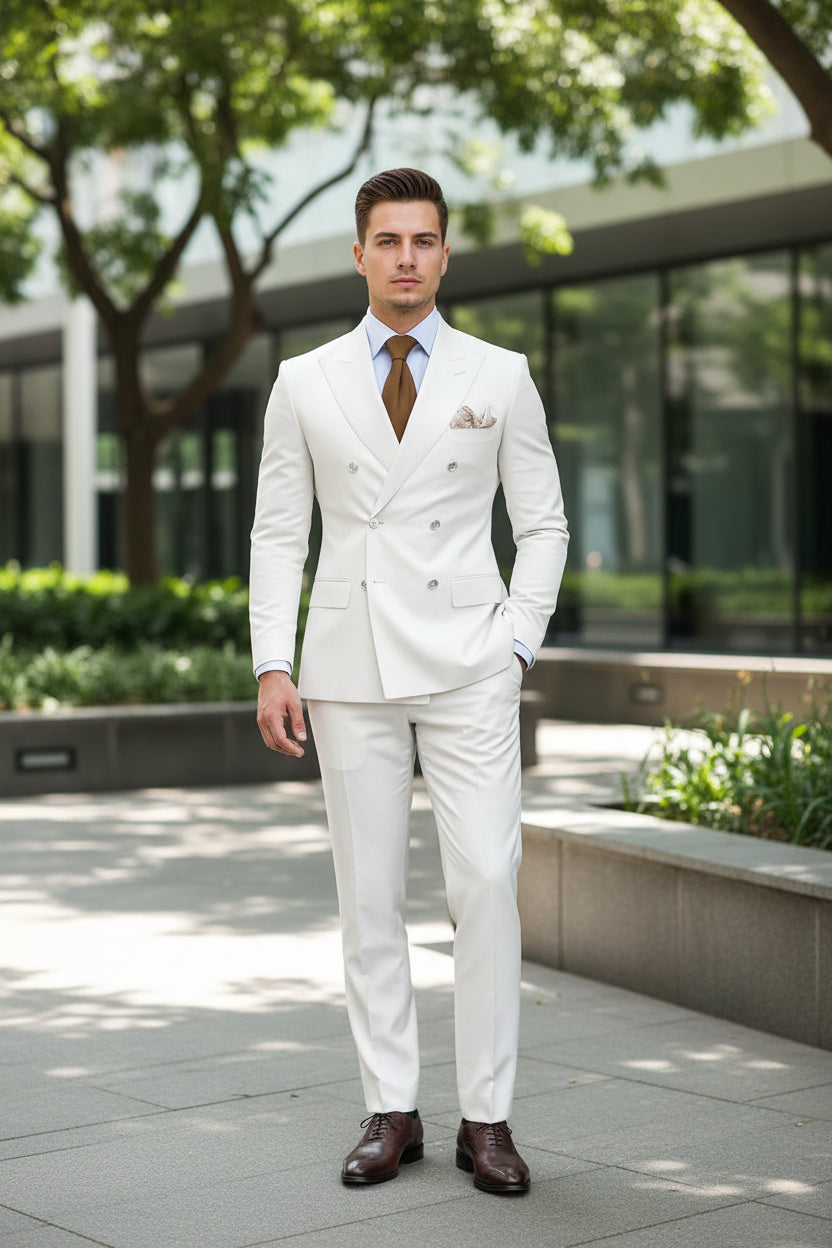White suit jacket with a brown tie and pocket square on a dark background