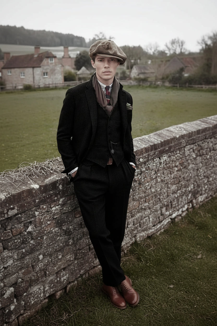 Man in a vintage suit and cap standing outdoors with a village background
