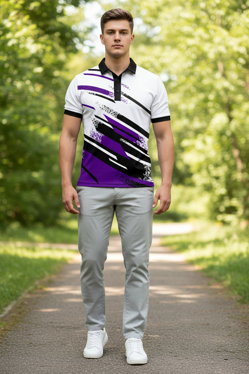 White polo shirt with purple and black stripes on a person against a brown background