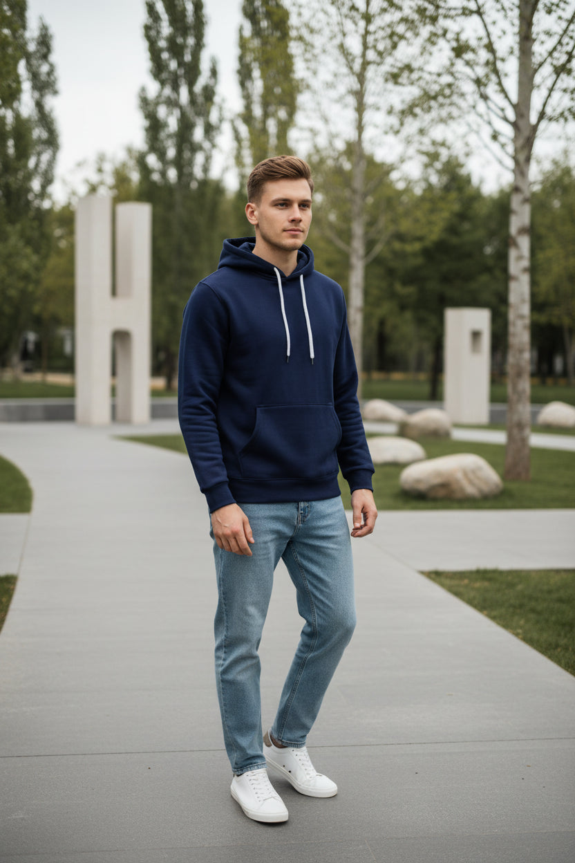 Navy blue hoodie on a white background