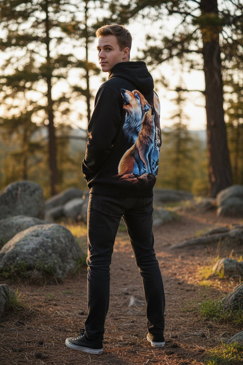 Hoodie with a design of wolves howling at the moon on a black background