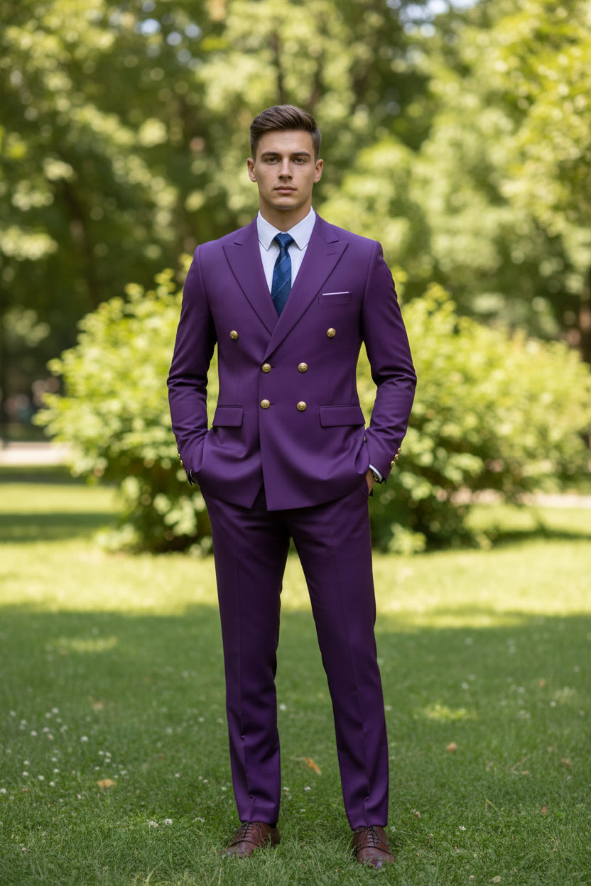 Purple suit with gold buttons on a white background