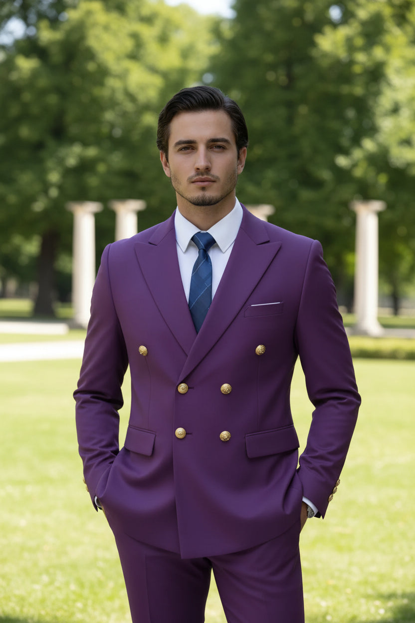 Purple suit with gold buttons on a white background