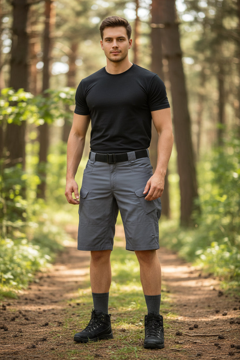 Gray tactical shorts with multiple pockets and a black belt on a white background