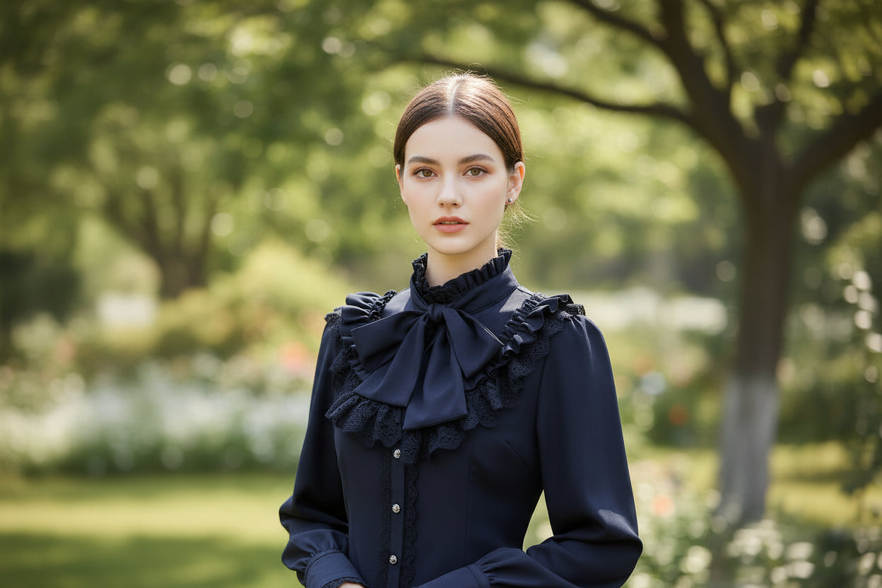 Black blouse with ruffled details on a white background