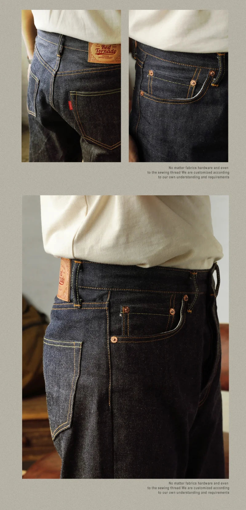 Dark blue jeans with visible stitching and buttons worn by a person, displayed against a neutral background.