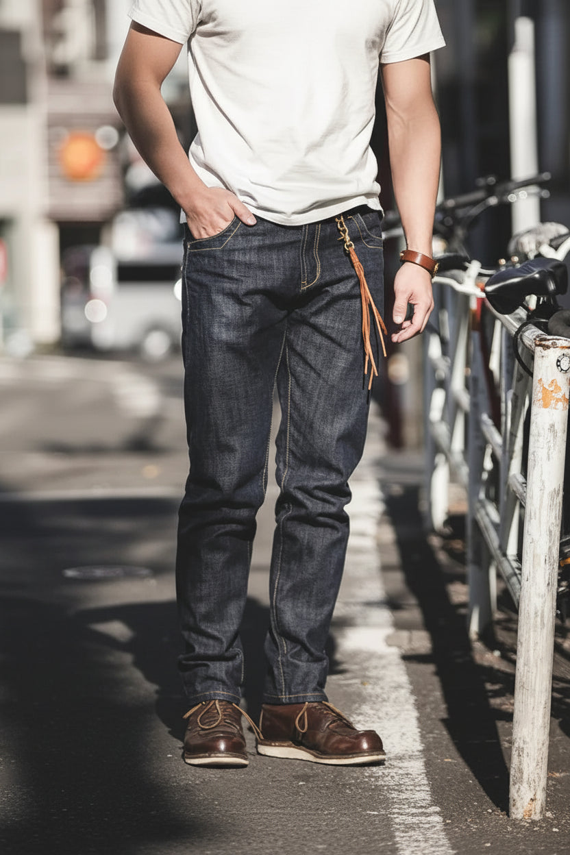 Person wearing dark jeans and brown shoes standing on a city street with bicycles in the background.