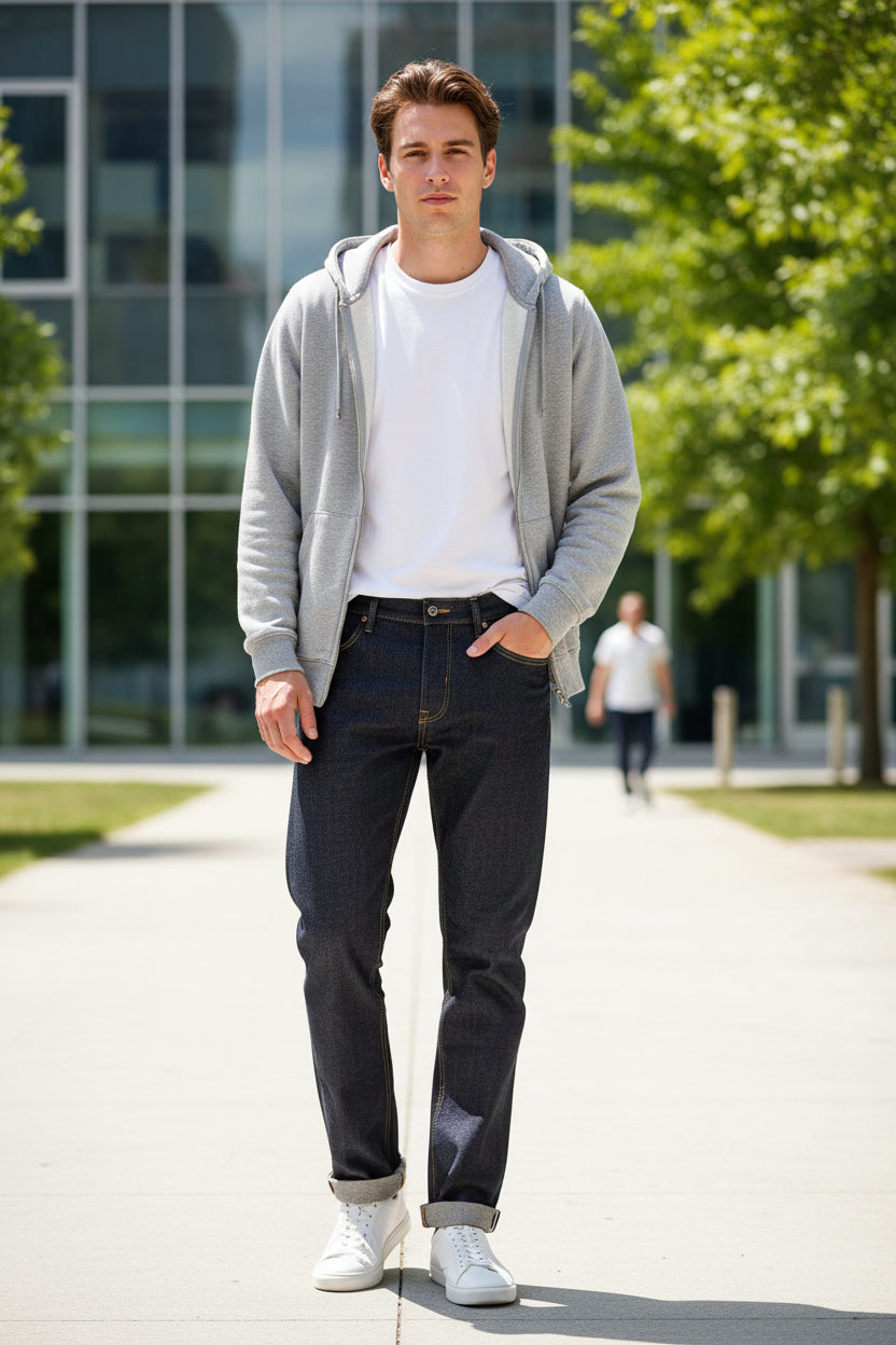 Pair of dark blue jeans on a wooden surface