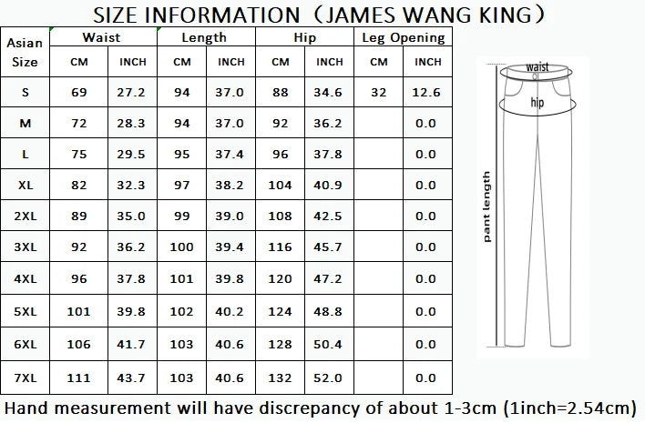 Size chart for pants with James Wang King branding