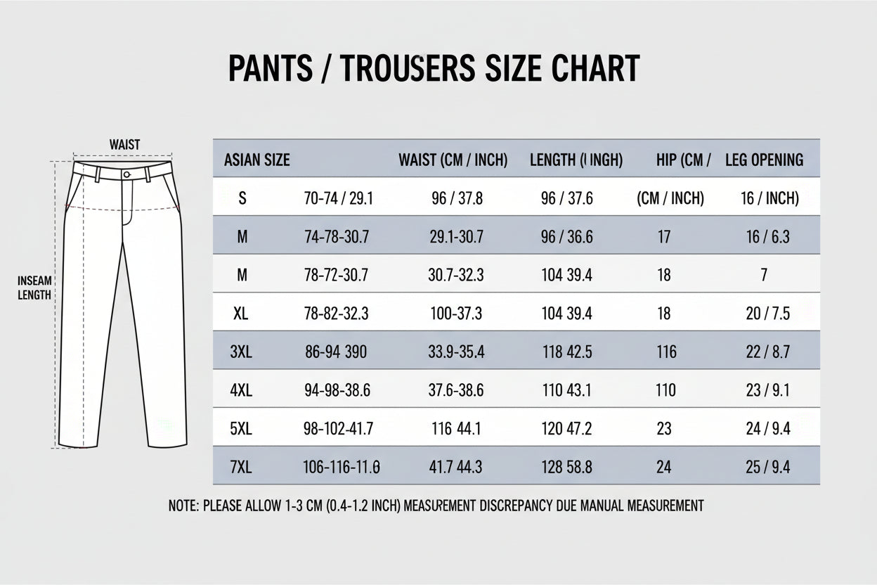 Size chart for pants with James Wang King branding