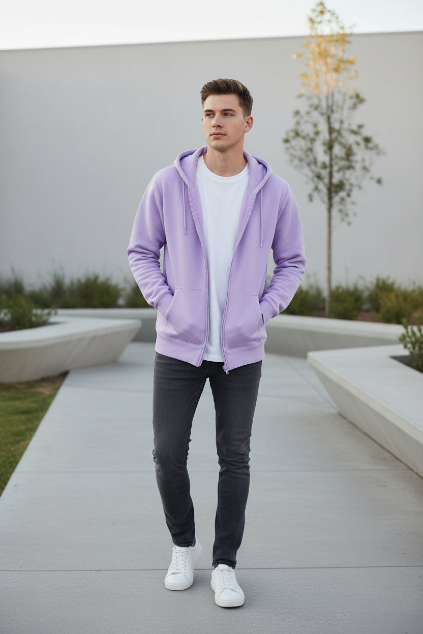 Purple hoodie with a zipper on a white background