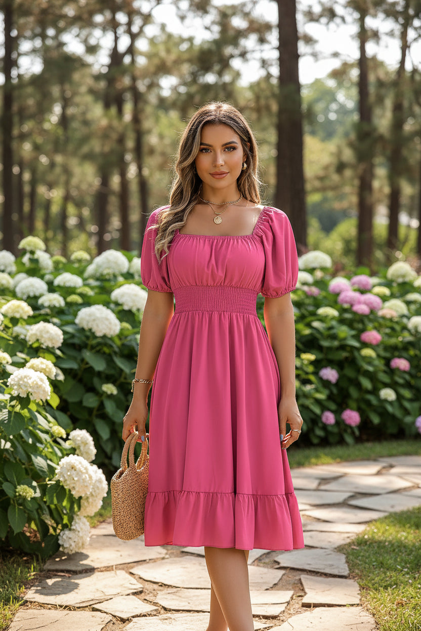 Woman wearing a pink dress with puff sleeves in a casual setting.