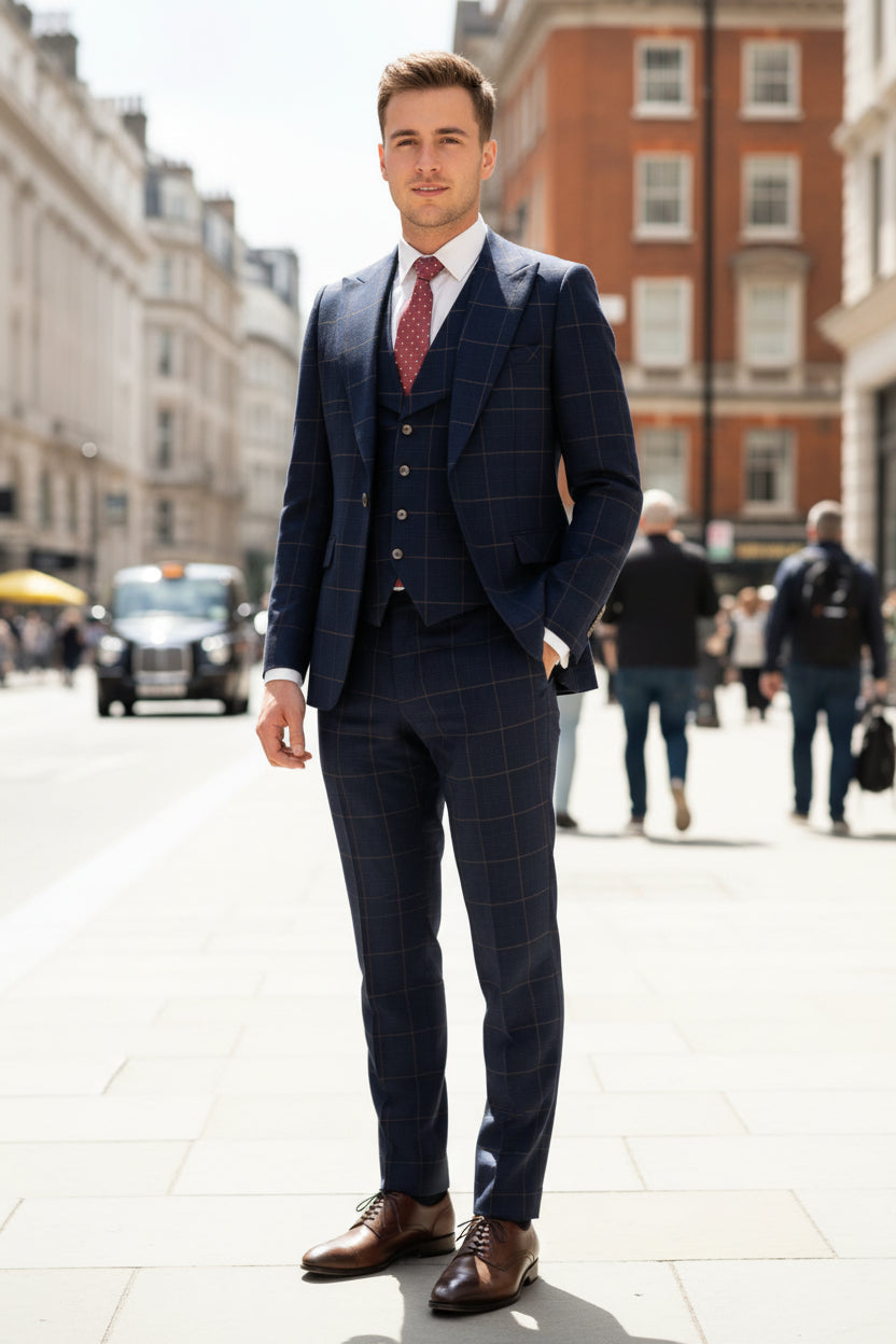 Man in a navy checkered suit with a red tie standing in an urban setting
