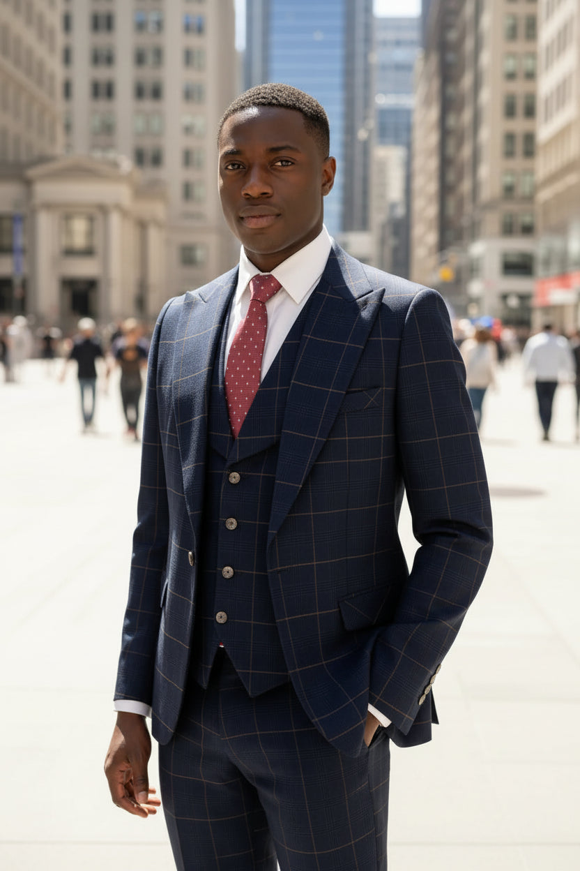 Man in a navy checkered suit with a red tie standing in an urban setting