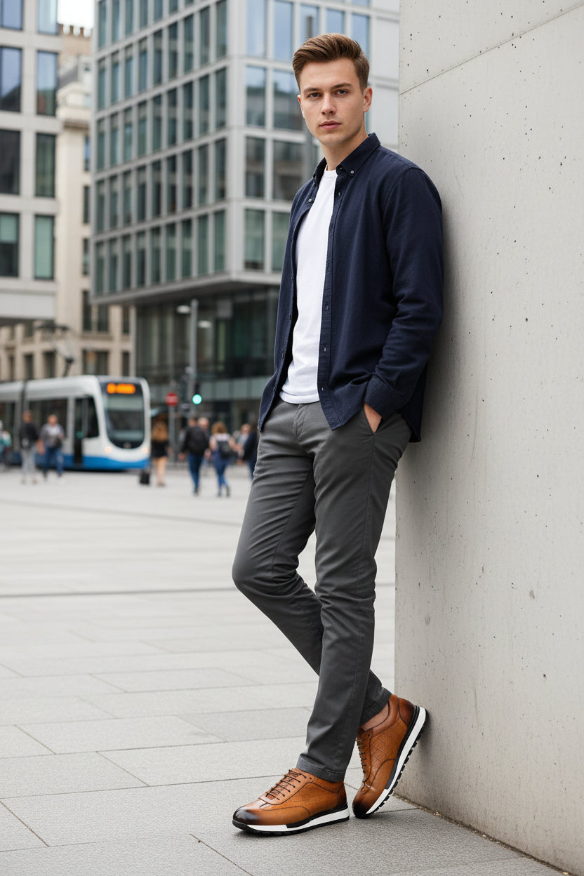 Pair of brown leather shoes with black toe caps on a light gray background