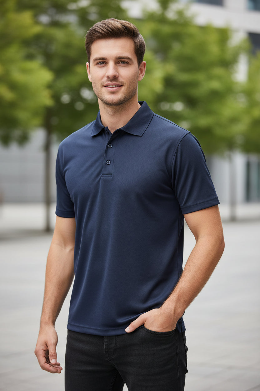 Navy blue polo shirt on a white background