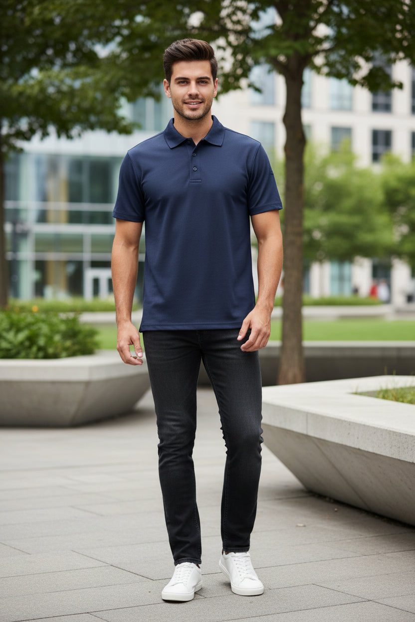 Navy blue polo shirt on a white background
