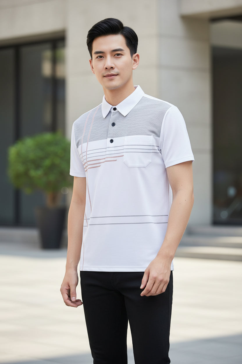 White polo shirt with plaid pattern on a gray background