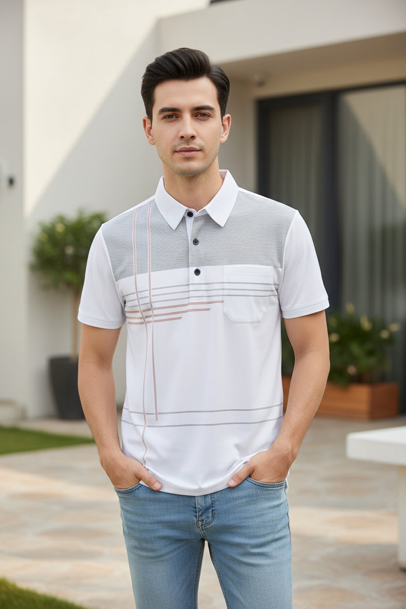 White polo shirt with plaid pattern on a gray background