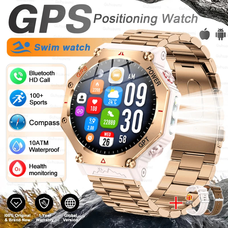 Gold smartwatch with GPS and multiple features displayed on a rocky background