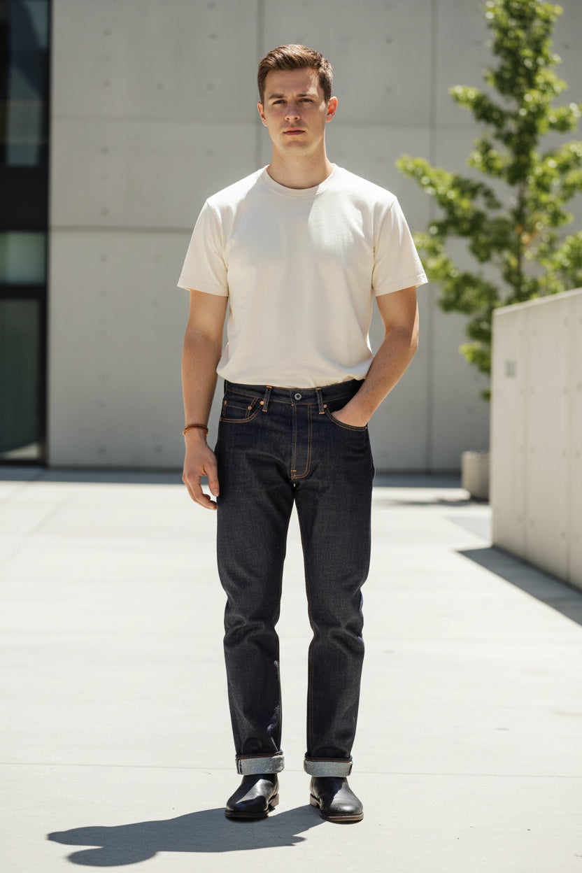 Dark blue jeans with visible stitching details on a blurred background