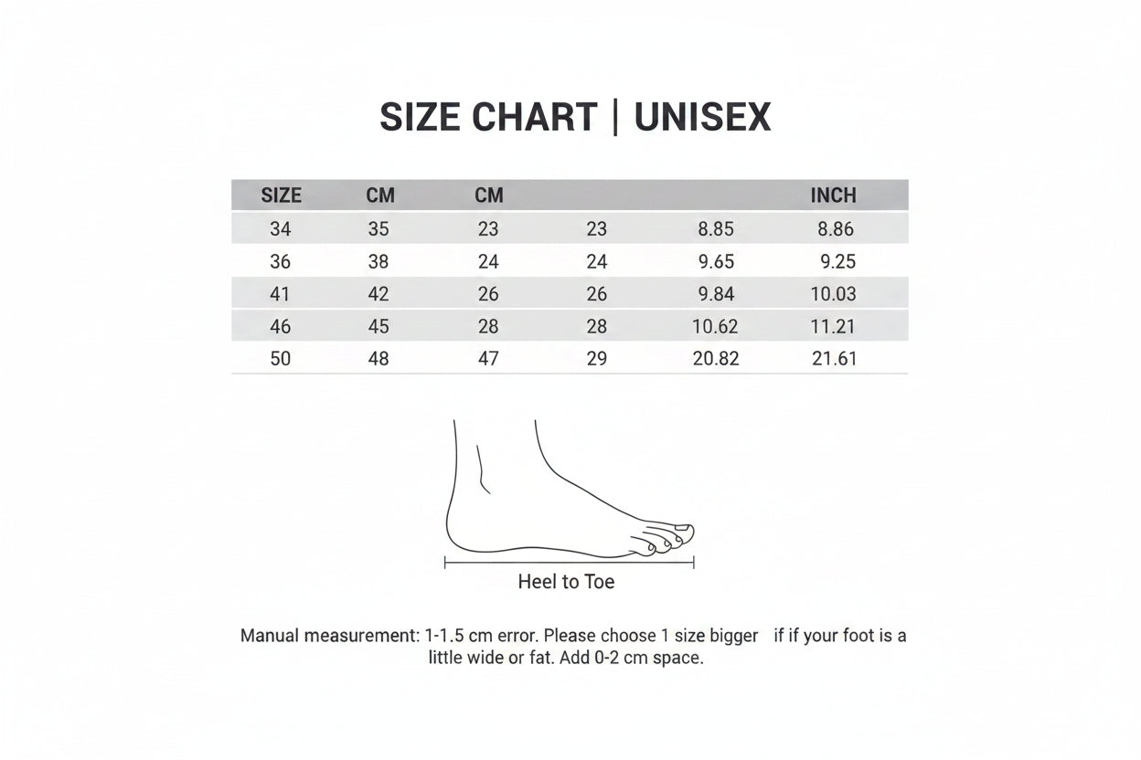 Foot measurement chart for Yang Hui Unisex shoes with size chart and foot length guide.