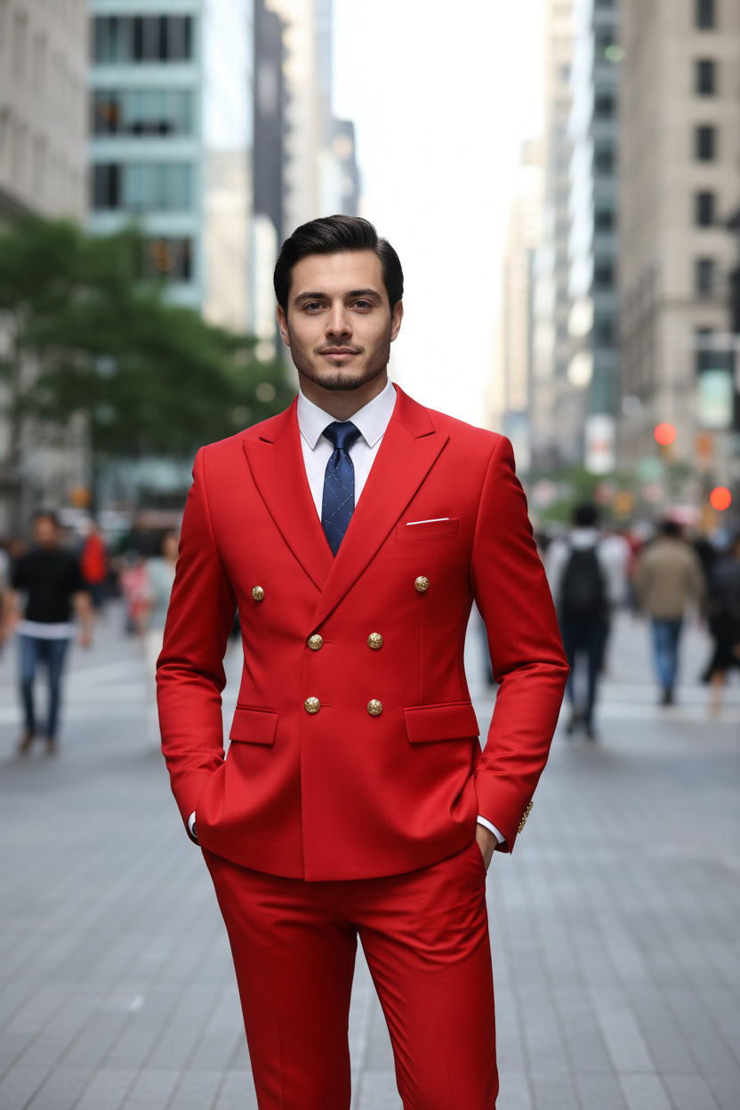 Red suit with gold buttons on a white background