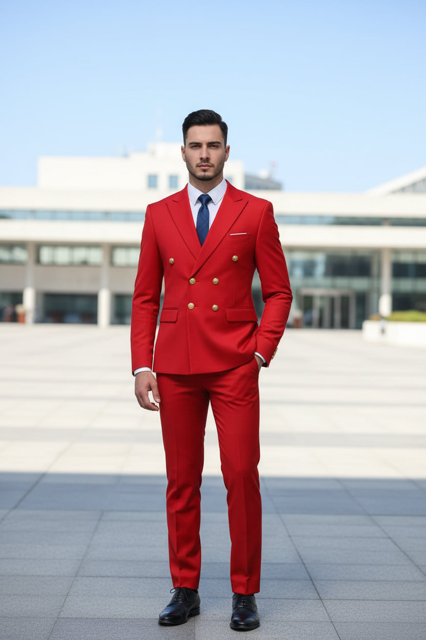 Red suit with gold buttons on a white background