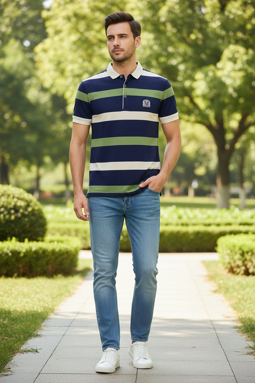 Navy, green, and white striped polo shirt with a logo on a white background