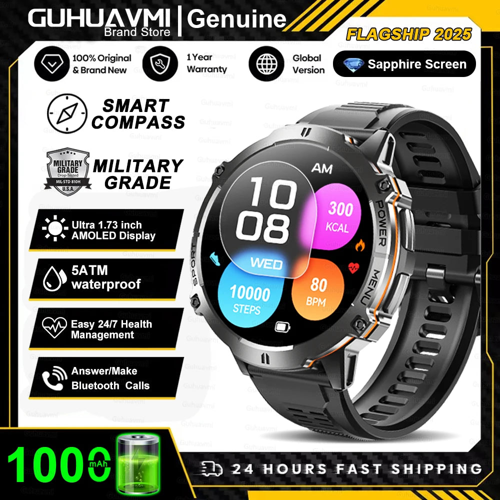 Smartwatch with features highlighted on a promotional graphic for GUHUAVMI brand.