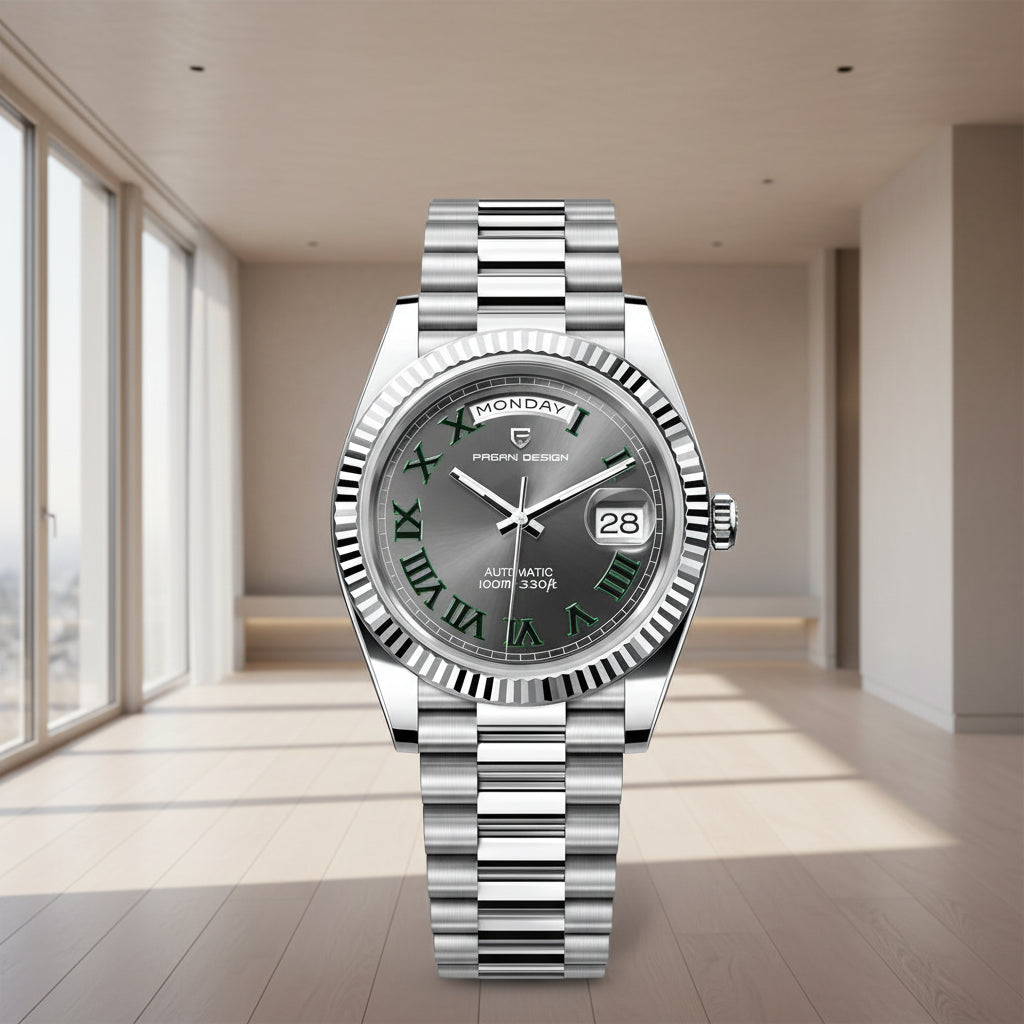 Silver watch with green Roman numerals on a white background, featuring 'Monday' brand.