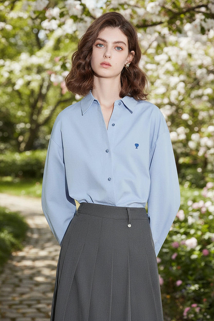 Women's Cotton Blouse Shirt  Embroidered Solid Color Top for Versatile Style