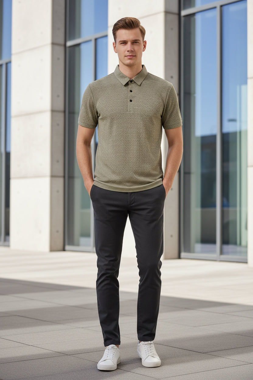 Beige textured polo shirt on a hanger with a white background