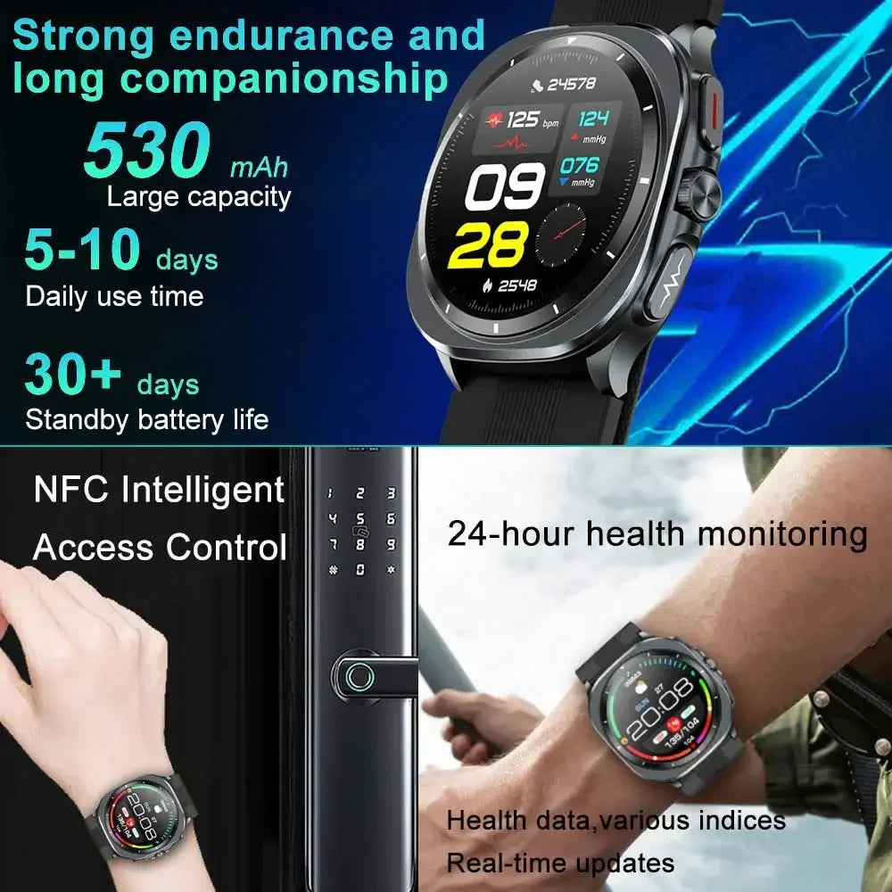 Smartwatch with features highlighted on a blue background