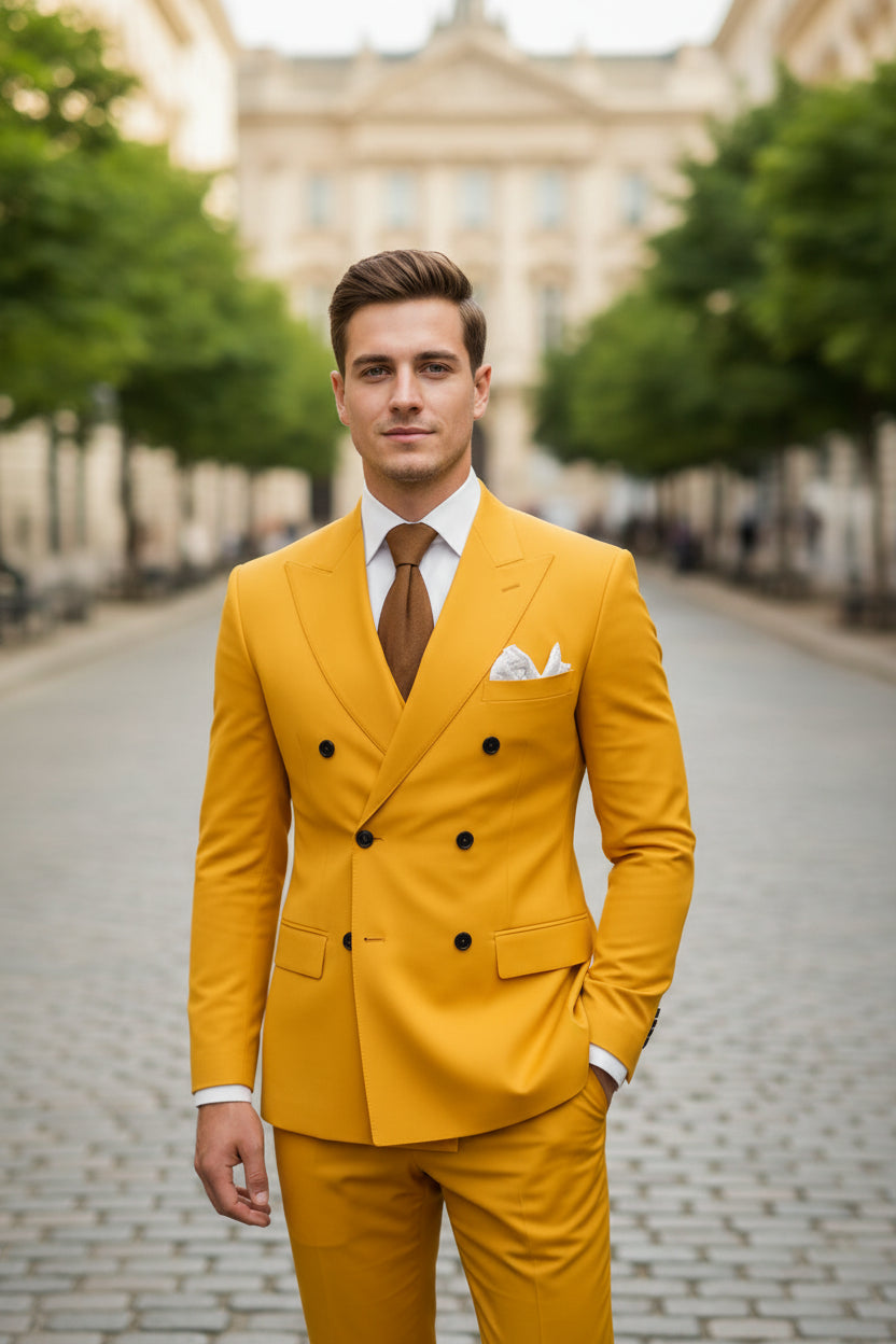Yellow suit with a brown tie and white shirt on a white background