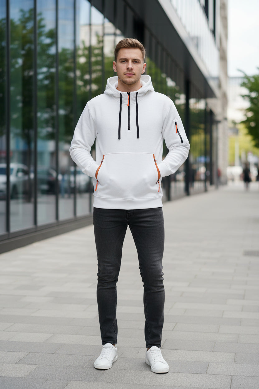White hoodie with black and orange zippers on a white background
